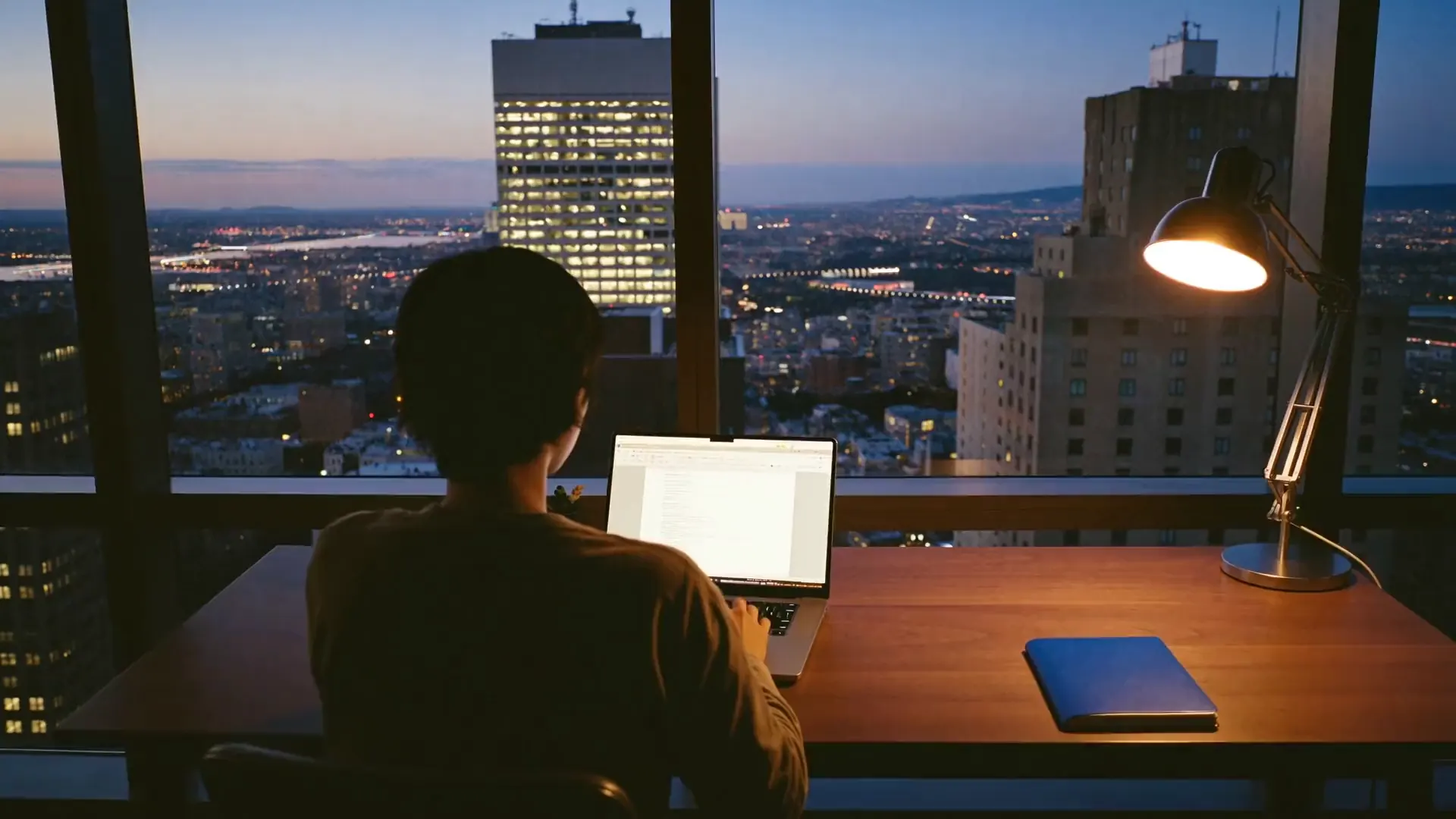 A desk overlooking the city at dusk, laptop open