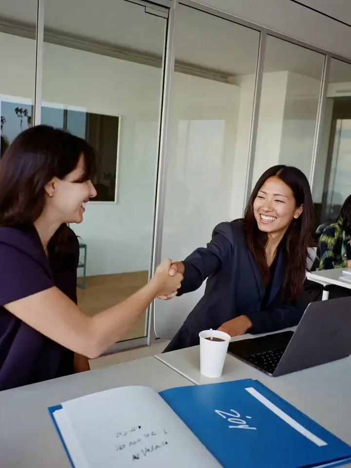 Founder shaking hands with a new client across a desk with an onboarding folder