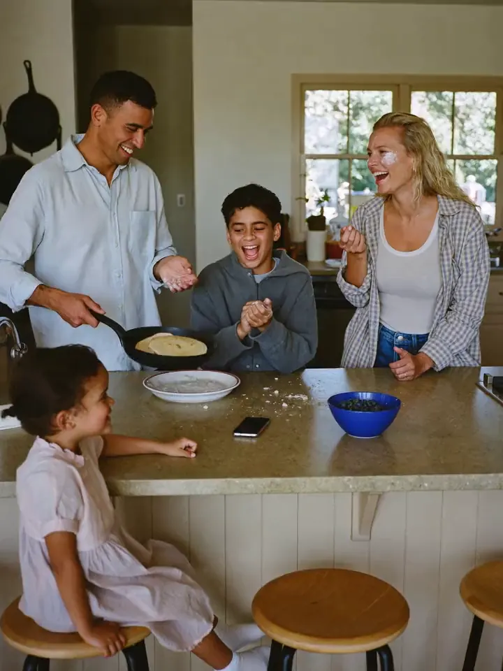 Family laughing together in the kitchen while dad flips pancakes
